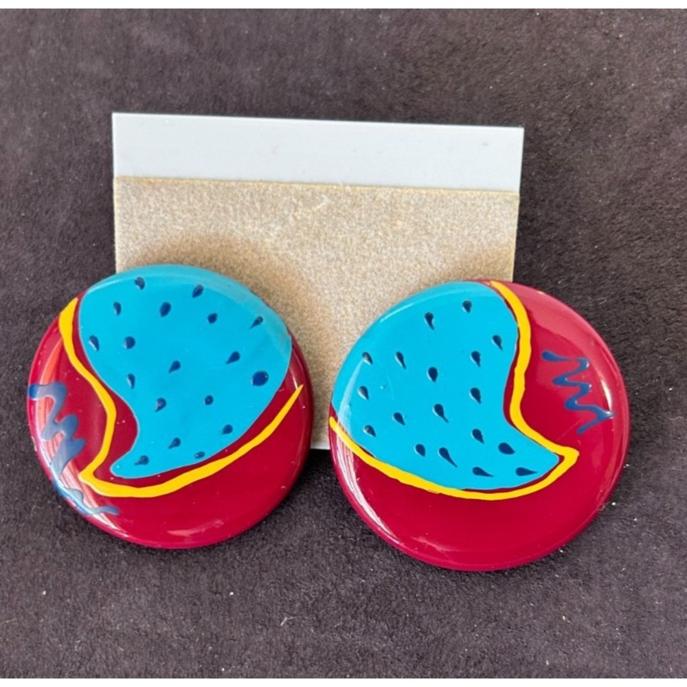 NOS Vtg 80s Colorful Pop Art Plastic Pierced Post Earrings Carded AS IS Chip 1.5